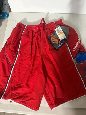 Speedo Red Lifeguard Board Shorts with White & Navy Trim